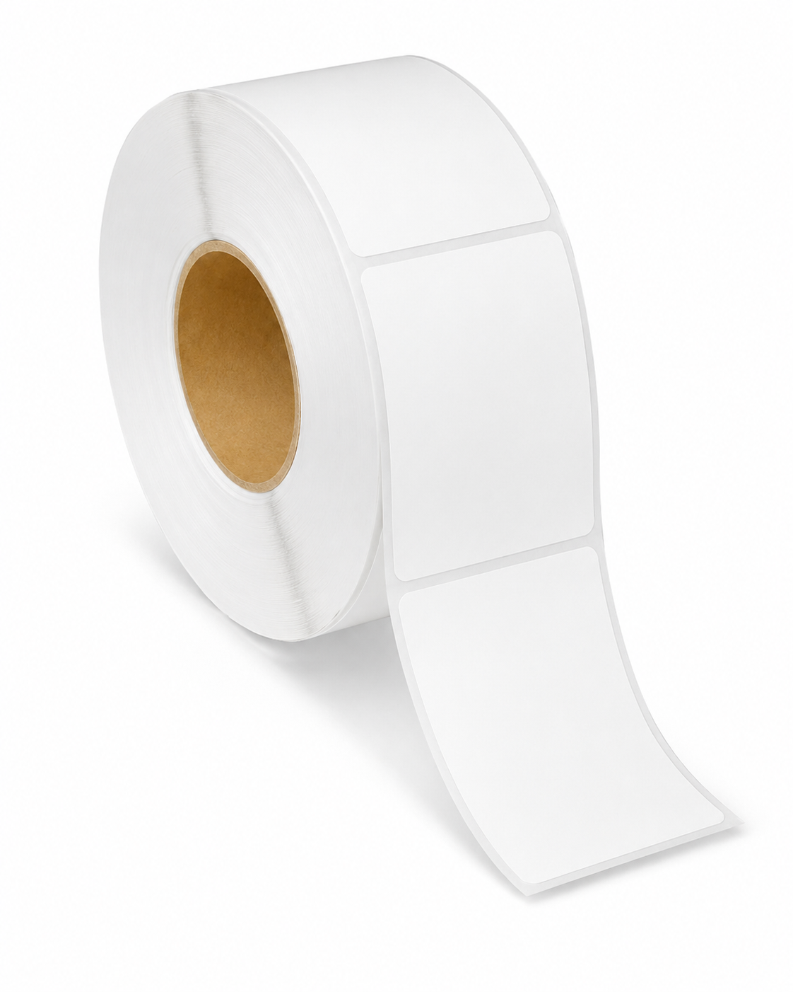 Blank white 3" x 4" thermal transfer label roll, 3" core, 8" OD, perforated