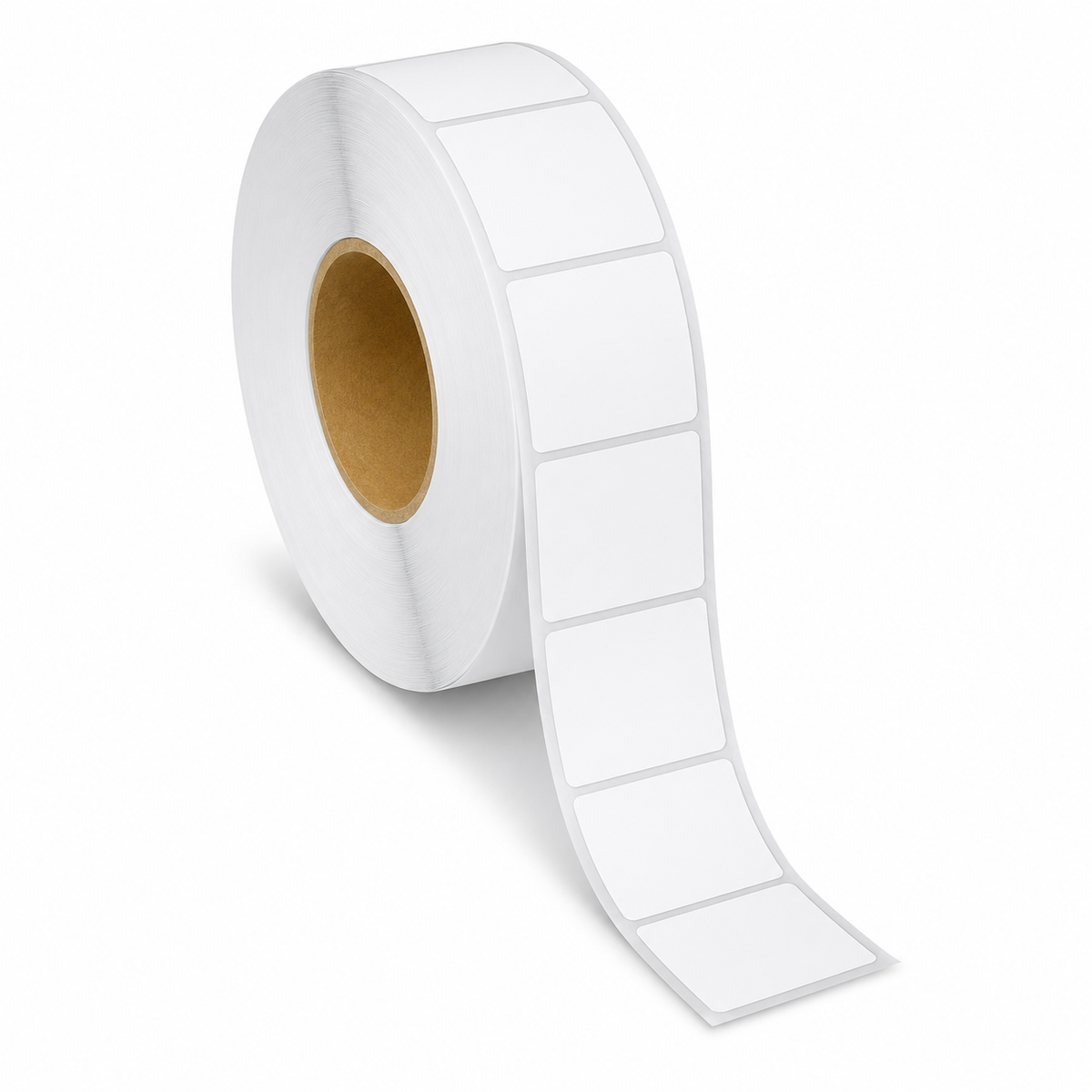 Blank white 2" x 1.5" thermal transfer label roll, 3" core, 8" OD, perforated
