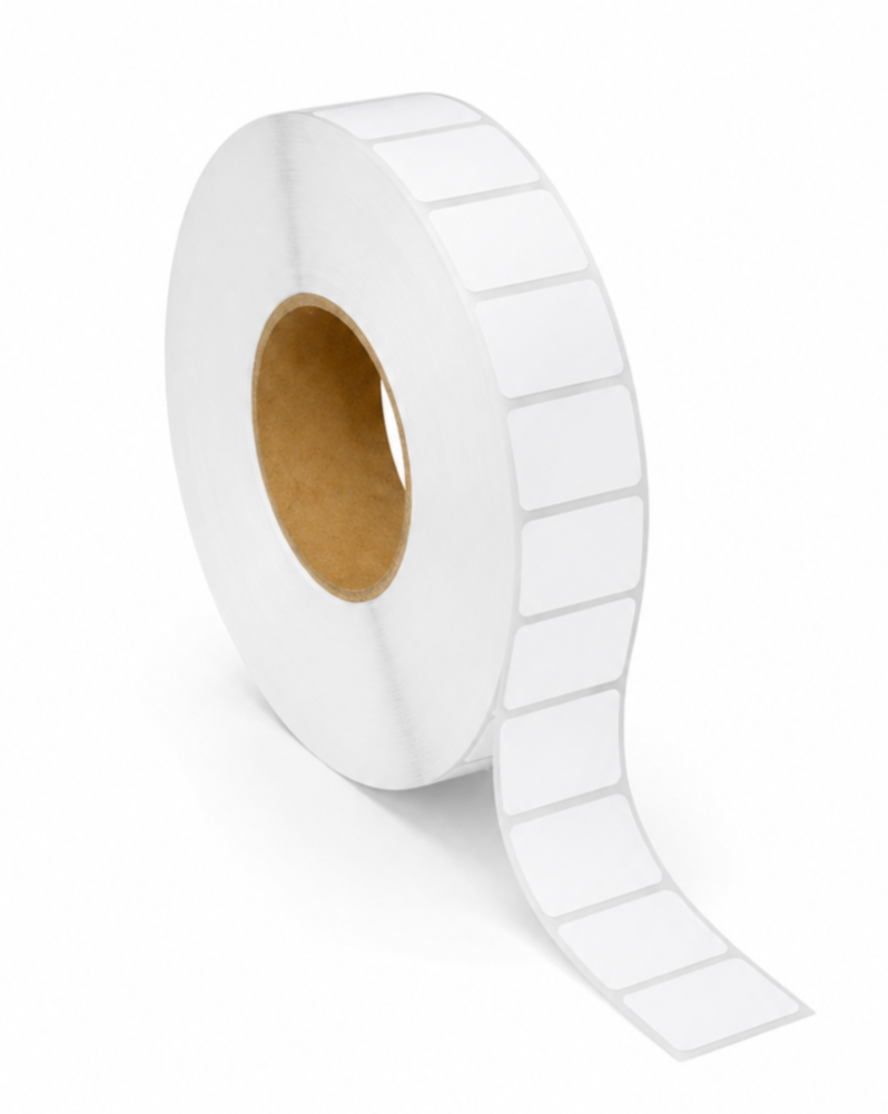 Blank white 1.5" x 1" thermal transfer label roll, 3" core, 8" OD, perforated