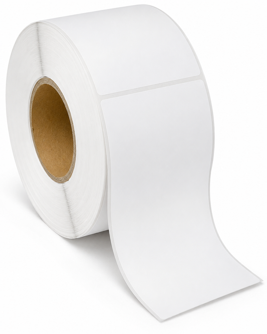 Blank white 4" x 8" direct thermal label roll, 3" core, 8" OD, perforated