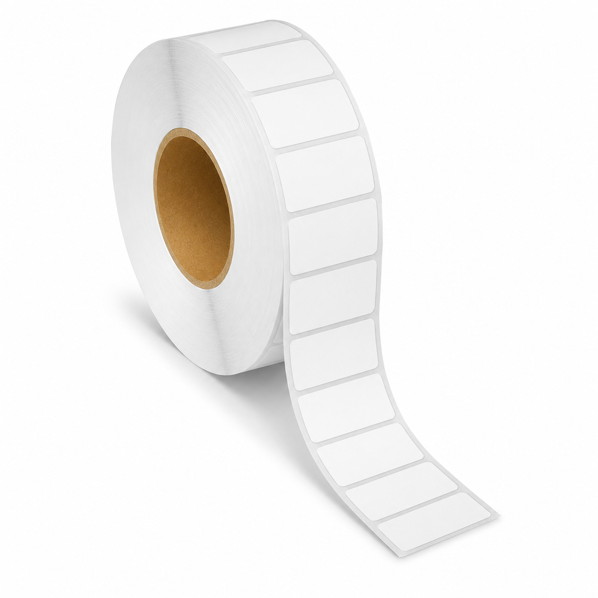 Blank white 2" x 1" thermal transfer label roll, 3" core, 8" OD, perforated