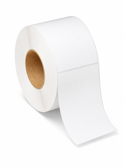 Blank white 4" x 6" thermal transfer label roll, 3" core, 8" OD, perforated