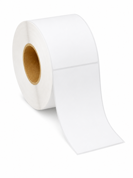 Blank white 4" x 6.5" thermal transfer label roll, 3" core, 8" OD, perforated