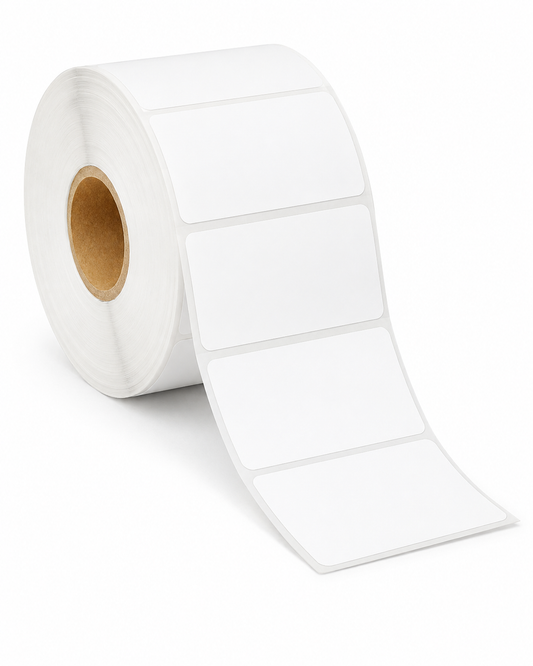 Blank white 2.25" x 1.25" direct thermal label roll, 1" core, 4" OD