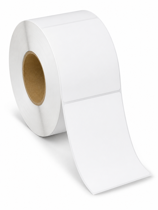 Blank white 4" x 5" thermal transfer label roll, 3" core, 8" OD, perforated
