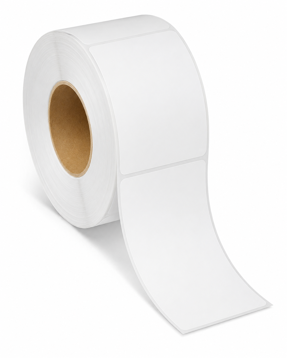Blank white 3" x 5" direct thermal label roll, 3" core, 8" OD, perforated