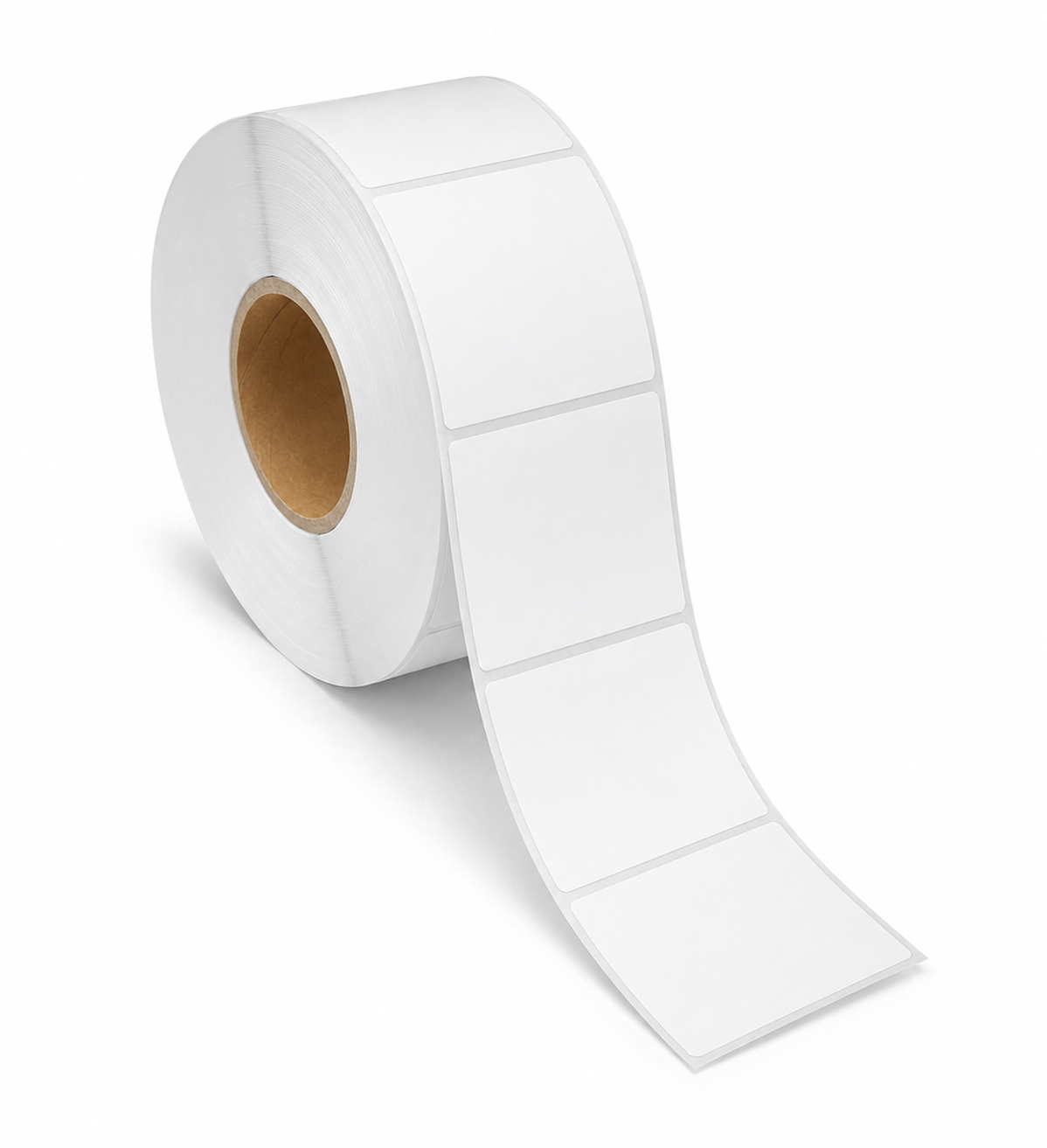 Blank white 3" x 3" thermal transfer label roll, 3" core, 8" OD, perforated