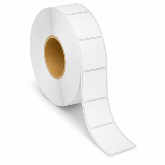 Blank white 2" x 2" thermal transfer label roll, 3" core, 8" OD, perforated