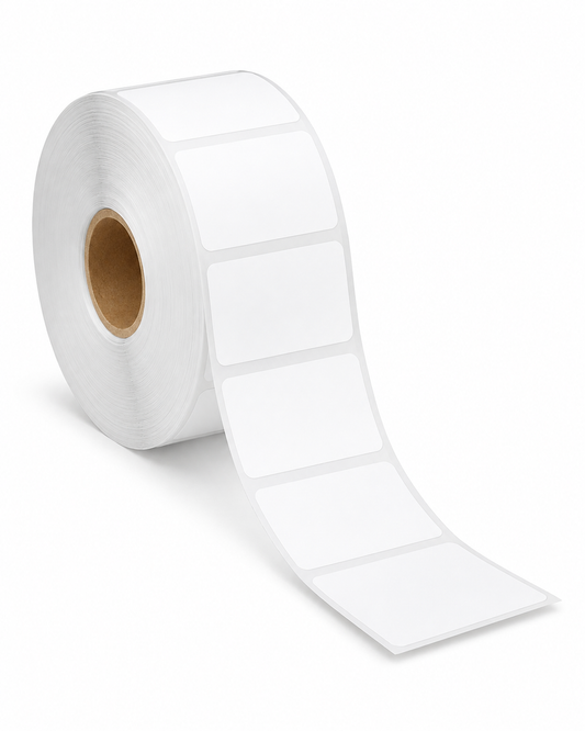 Blank white 1.5" x 1" direct thermal label roll, 1" core, 4" OD